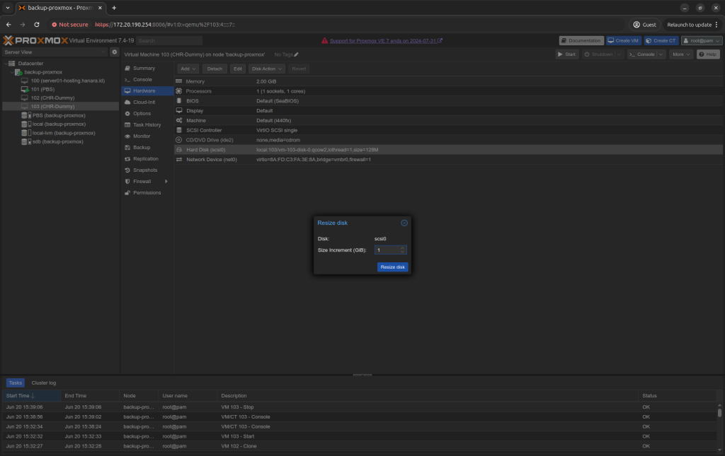 Langkah resize disk CHR di Proxmox melalui GUI di tab Hardware